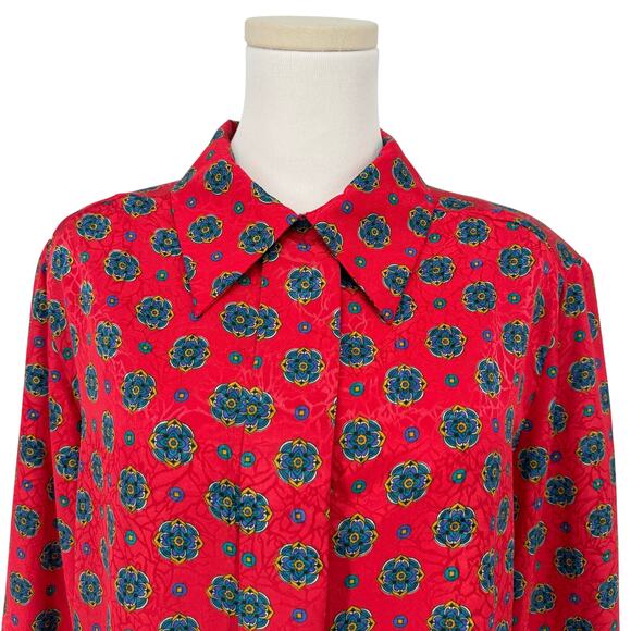 Vintage 1980s Satin Jacquard Printed Button Front Shirt Women 16 XL Red Brocade - Picture 9 of 10